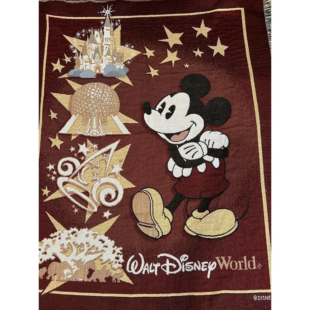Walt Disney World Mickey Mouse Magic Kingdom Epcot Burgundy Blanket Throw